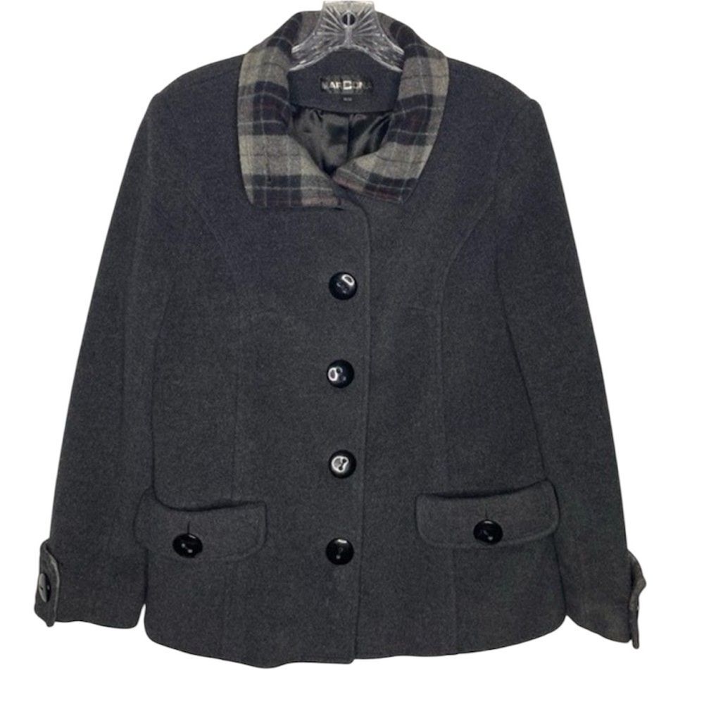 Marcona Wool Blend Coat Women’s M Charcoal Gray Y2K Classic Winter Plaid Collar